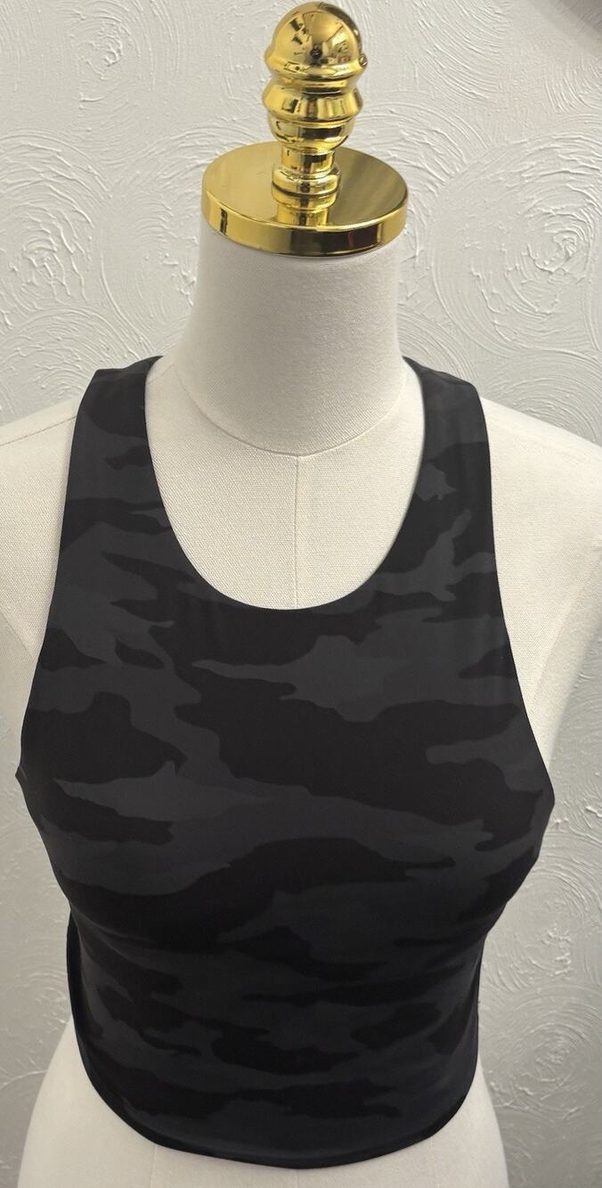 Athleta Conscious Crop Top Size Small Gray/Black Camo Racerback Built In Bra